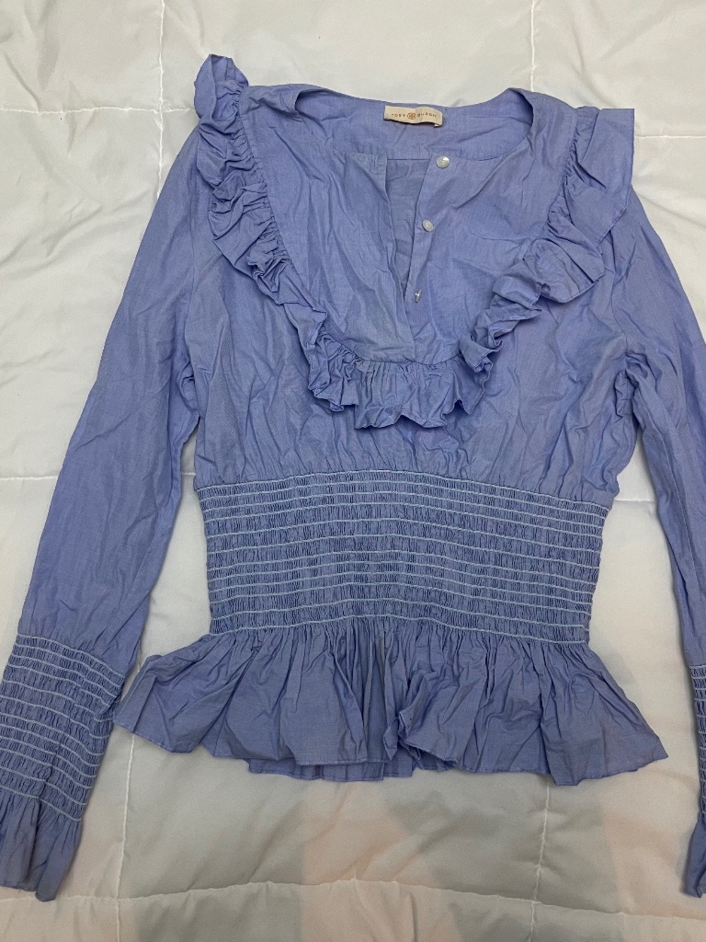 Tory Burch Blue Cotton Long Sleeve Ruffle Smocked Blouse Top
